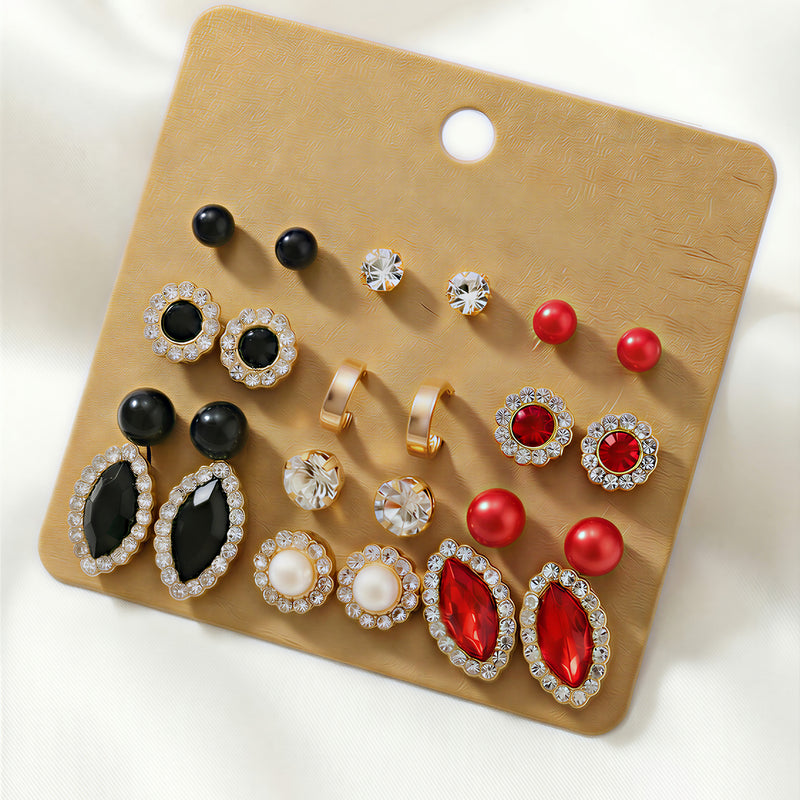 12-Pair Glamour Ruby & Onyx Earring Set – Gold-Tone Statement Studs