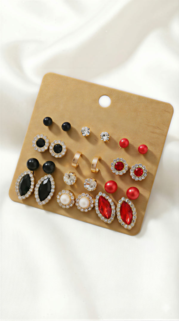 12-Pair Glamour Ruby & Onyx Earring Set – Gold-Tone Statement Studs