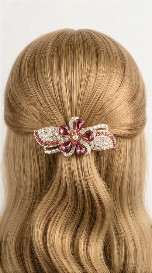 Elegant Floral Crystal Hair Clip | Premium Stone Studded Accessory .