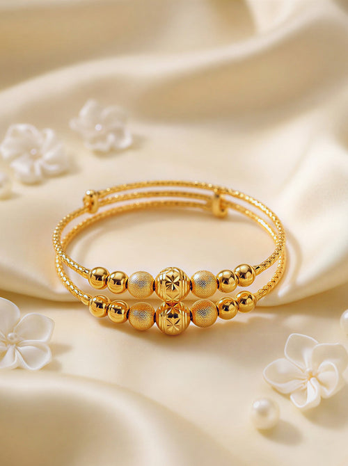 Luxe Double-Layer Golden Bangle – Star-Engraved & Textured Bead Design