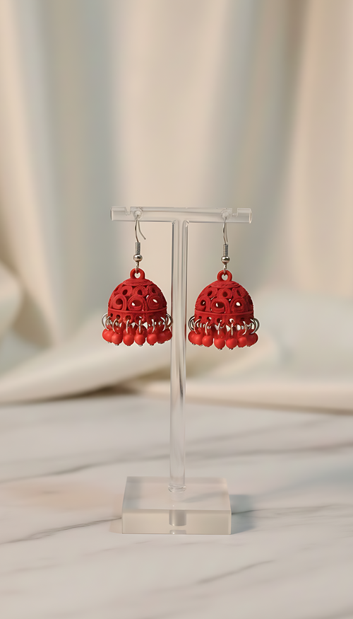 Scarlet Filigree Ethnic Jhumkas – Handcrafted Red Beadwork Earrings