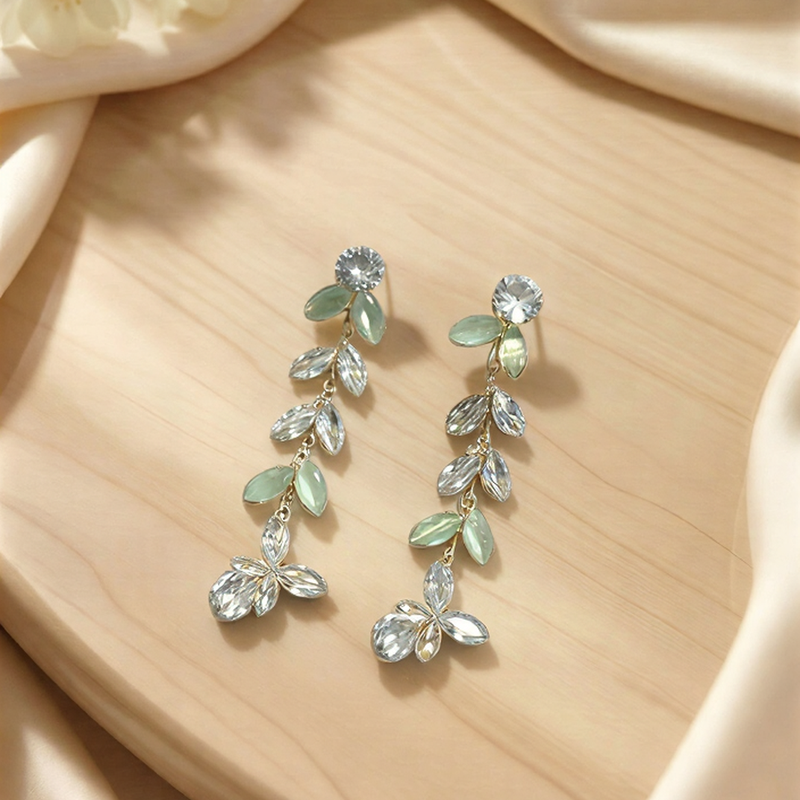 Enchanted Leaf Crystal Drop Earrings – Elegant Marquise Floral Dangles Product