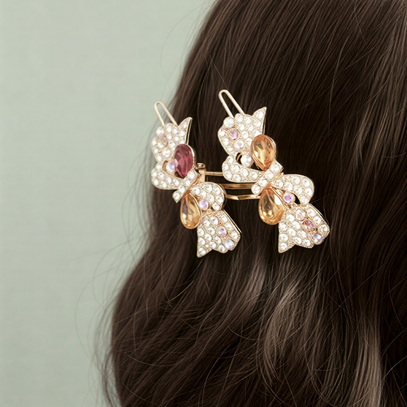 Shimmering Crystal Ribbon Bow Pins – Radiant Pair of High-Fashion Hair Accessories