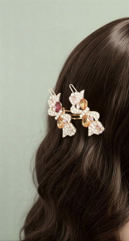 Shimmering Crystal Ribbon Bow Pins – Radiant Pair of High-Fashion Hair Accessories
