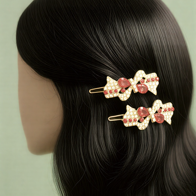 Couture Crystal Ribbon Bow Pins – Radiant Pair of Boutique Hair Jewelry