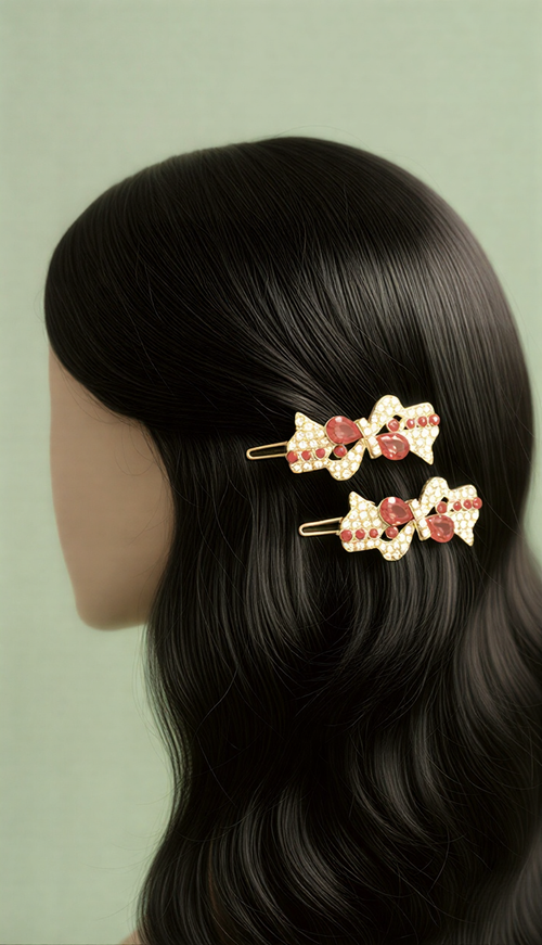Couture Crystal Ribbon Bow Pins – Radiant Pair of Boutique Hair Jewelry