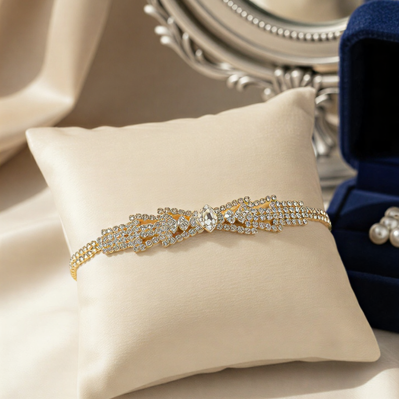 Dazzling Gold-Tone Floral Bracelet – Multi-Strand Crystal Studded Cuff