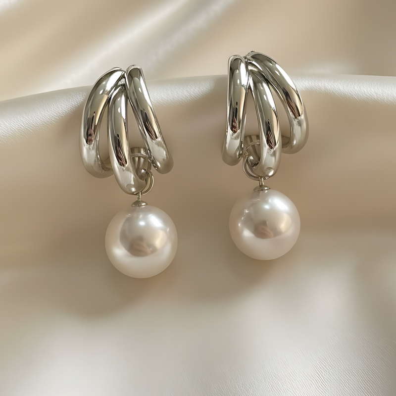 Elegant Triple-Hoop Pearl Drop Earrings - Chic Multi-Layer Statement Jewelry for Women