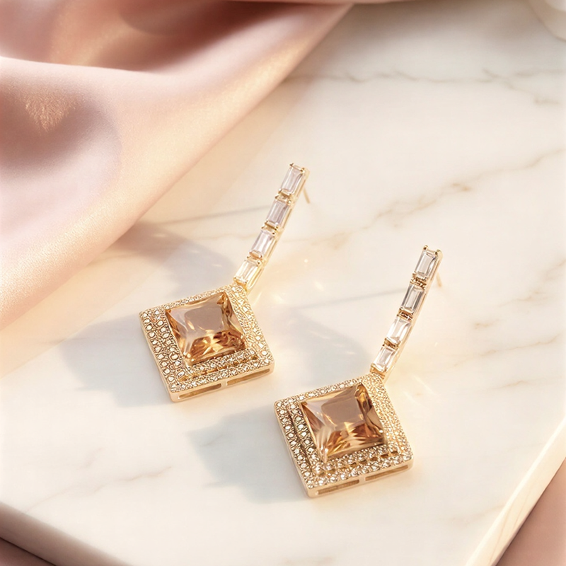 Royal Emerald Green Square Drop Earrings – Crystal Halo Geometric Dangles