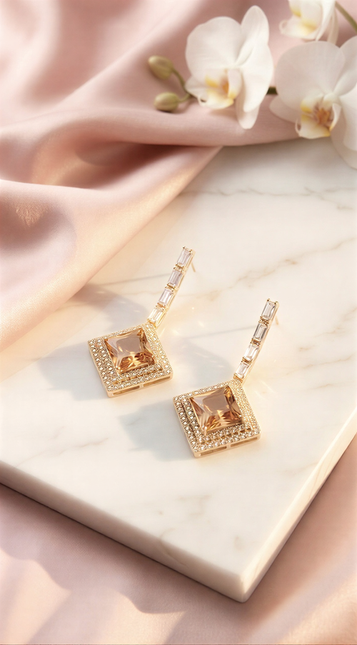 Royal Emerald Green Square Drop Earrings – Crystal Halo Geometric Dangles