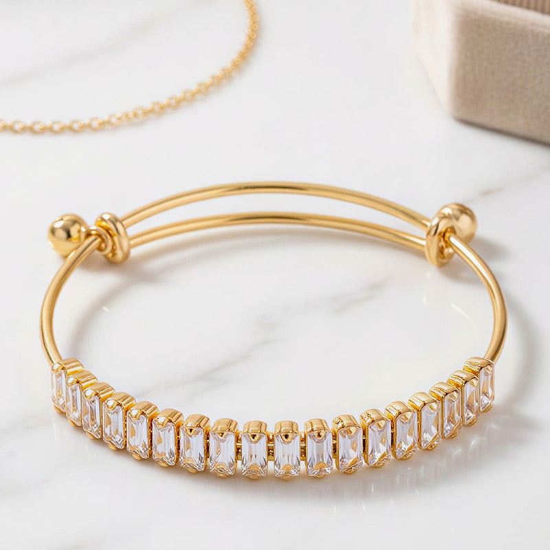 Luxe Golden Baguette Crystal Tennis Bangle – Adjustable Sleek Design