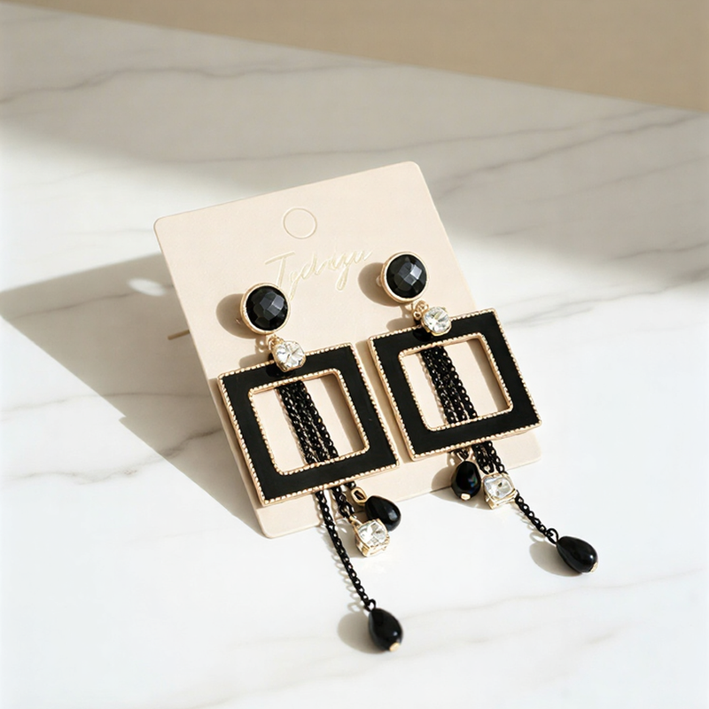 Vintage Geometric Square Drop Earrings – Black Enamel & Crystal Tassel Statement Jewelry