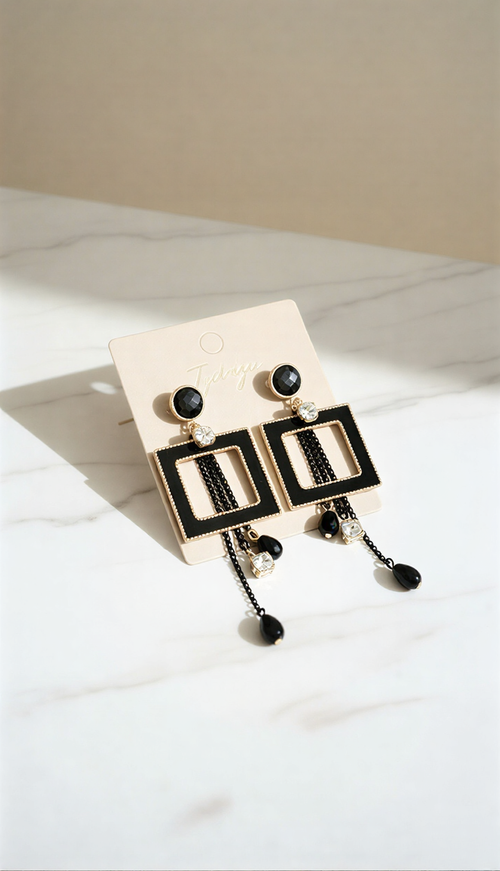 Vintage Geometric Square Drop Earrings – Black Enamel & Crystal Tassel Statement Jewelry