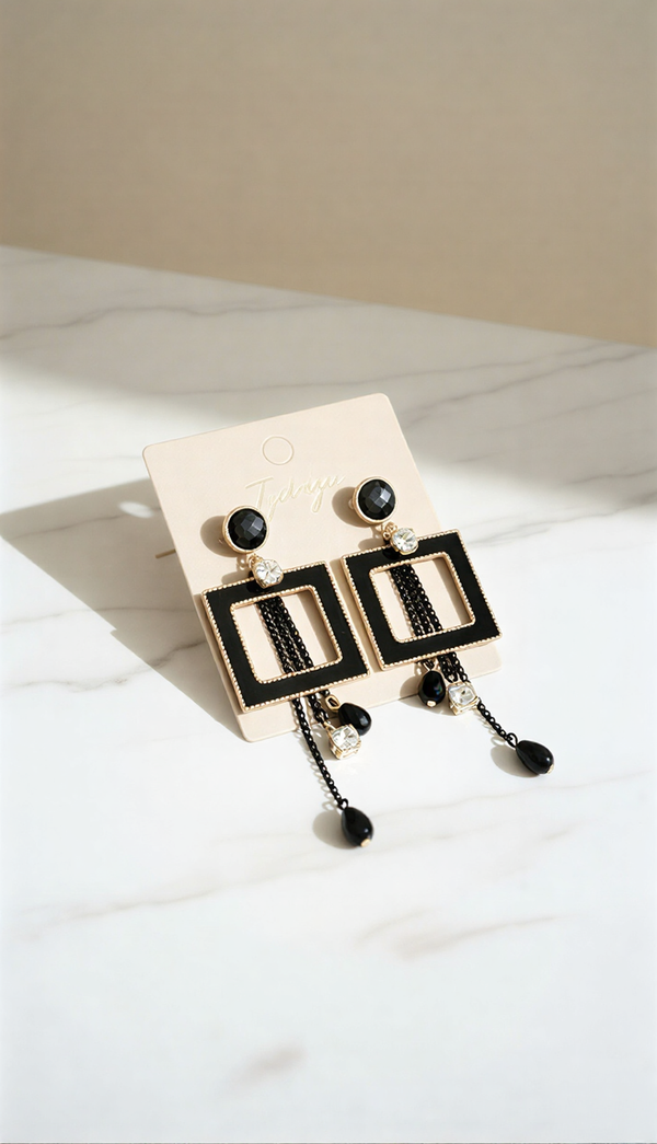 Vintage Geometric Square Drop Earrings – Black Enamel & Crystal Tassel Statement Jewelry