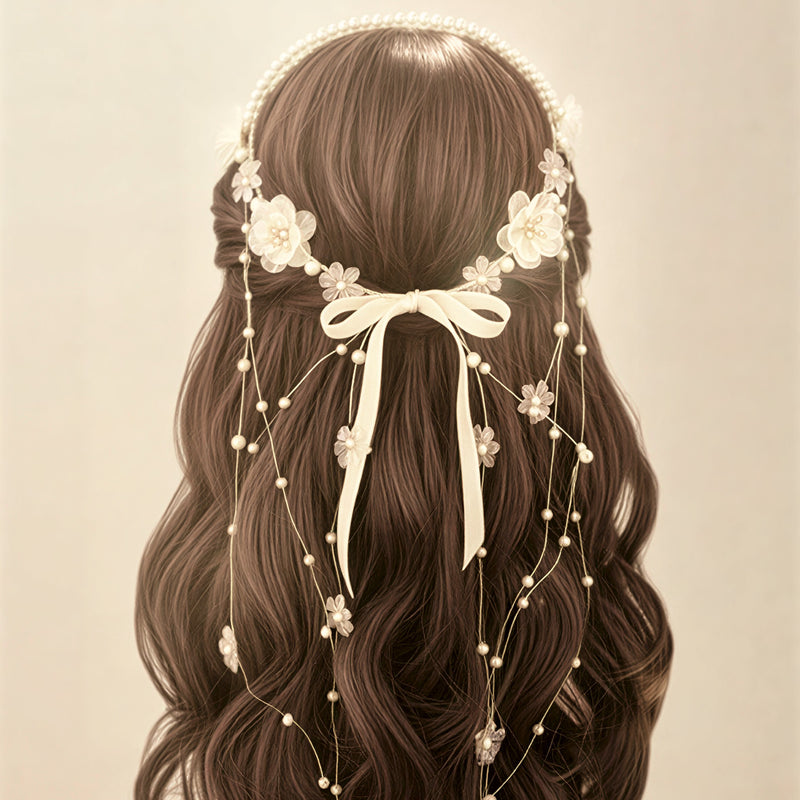 Ethereal Floral & Pearl Cascading Suite – Romantic Ribbon Bow Hair Accessory