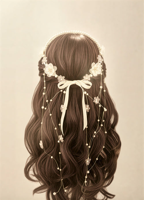 Ethereal Floral & Pearl Cascading Suite – Romantic Ribbon Bow Hair Accessory