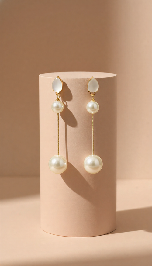 Modern Pearl Double Drop Earrings – Geometric Triangle & Teardrop Collection