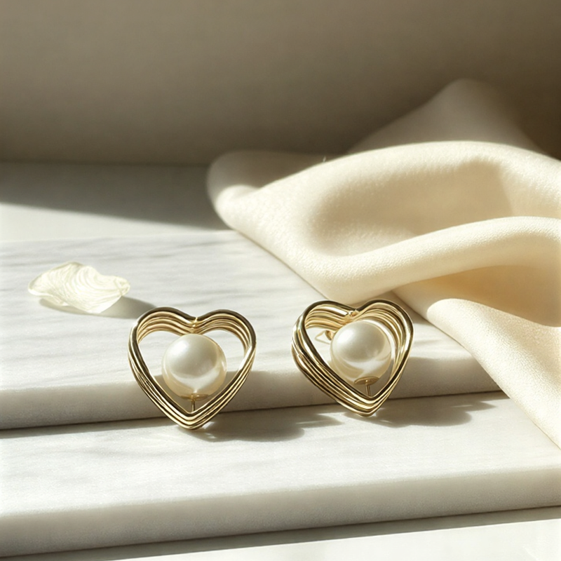 Luxe Layered Heart Pearl Studs – Sophisticated Romantic Statement Earrings