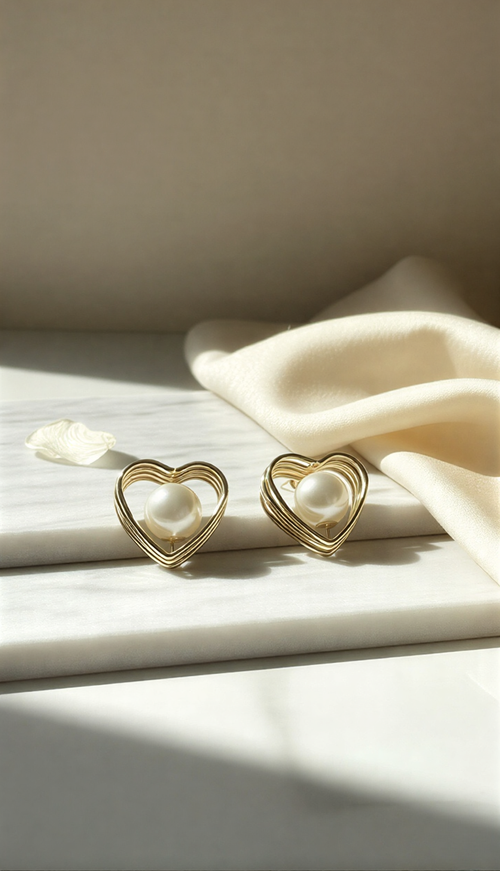 Luxe Layered Heart Pearl Studs – Sophisticated Romantic Statement Earrings