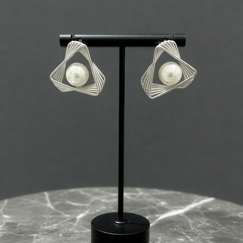 Luxe Geometric Lattice Pearl Studs – Modern Architectural Statement Earrings