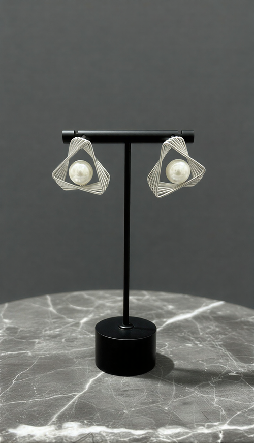 Luxe Geometric Lattice Pearl Studs – Modern Architectural Statement Earrings