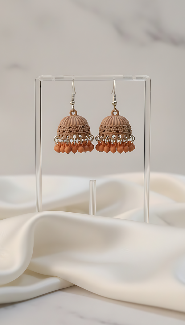 Earthy Nude Matte Filigree Jhumka Earrings – Minimalist Traditional Jewelry
