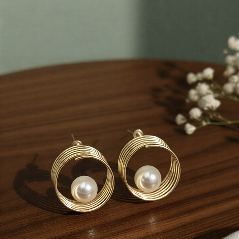 Celestial Pearl Orbit Studs – Modern Spiraled Wire Statement Earrings