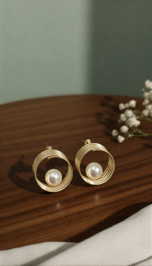 Celestial Pearl Orbit Studs – Modern Spiraled Wire Statement Earrings