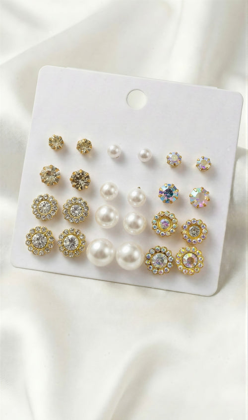12-Pair Shimmering Crystal & Floral Gold Earring Set..