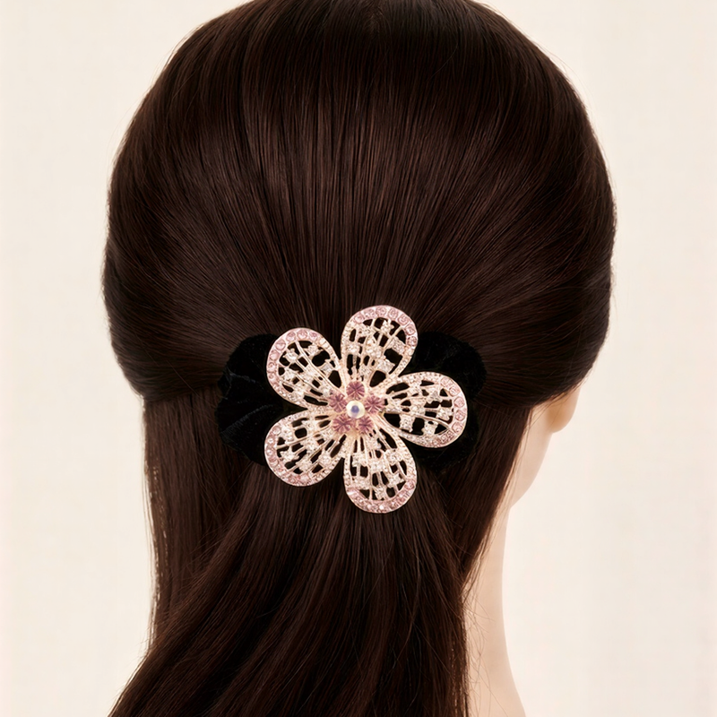 Premium Floral Pony Holder | Elastic Filigree Hair Tie with Crystals .