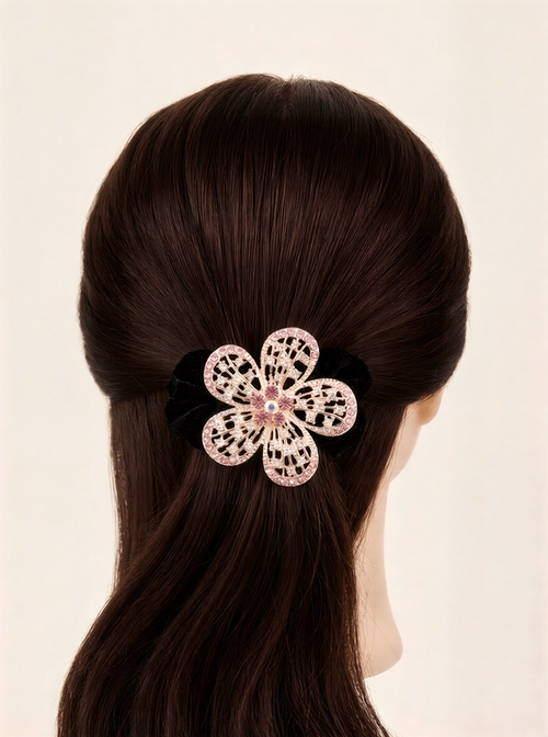 Premium Floral Pony Holder | Elastic Filigree Hair Tie with Crystals .