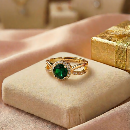 Round Cut Emerald Green Halo Split Shank Ring - Plated Vintage Jewelry