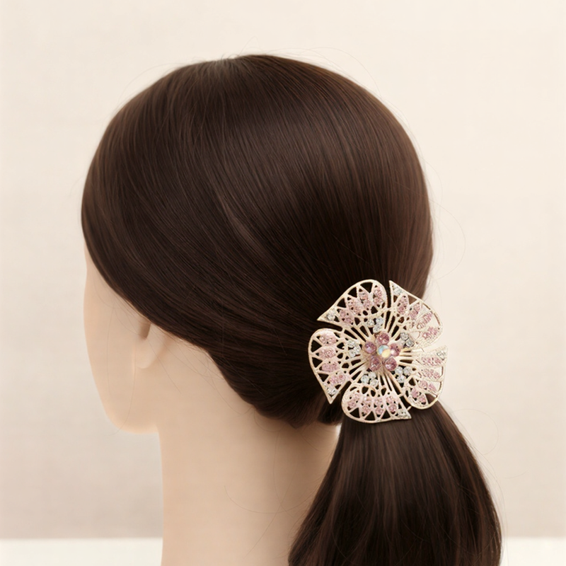 Luxury Floral Pony Holder | Crystal Filigree Elastic Hair Tie..