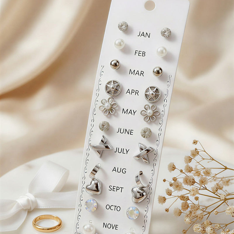 12-Pair "Months of the Year" Silver-Tone Earring Set – Versatile Monthly Collection+