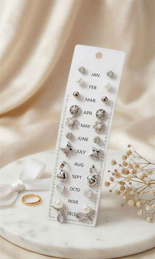 12-Pair "Months of the Year" Silver-Tone Earring Set – Versatile Monthly Collection+