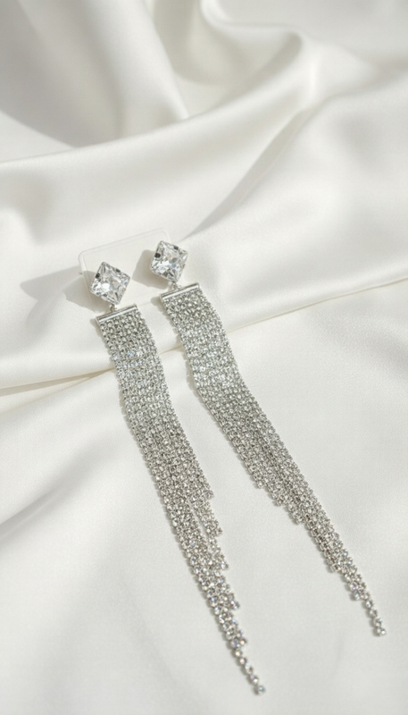 Sparkling Crystal Tassel Drop Earrings – Long Fringe Party Wear (Available in 3 Colors)