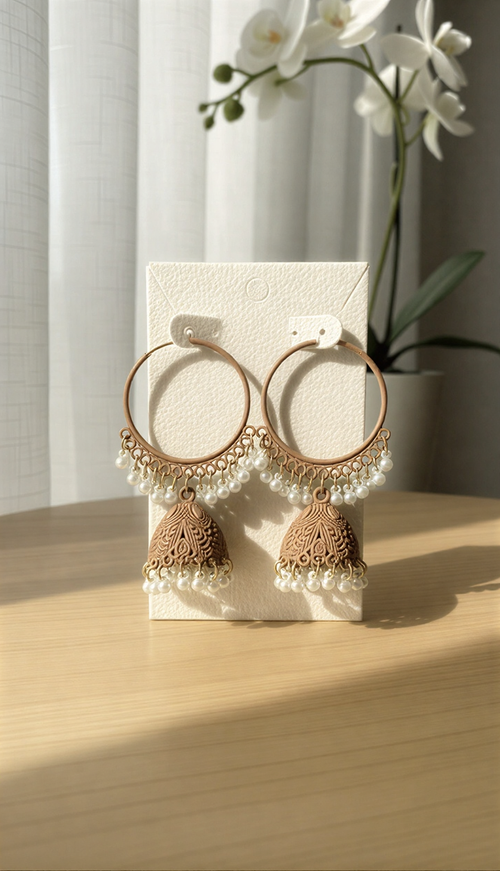 Artisan Noir & Gold Filigree Hoops – Handcrafted Matte Beaded Jhumka Jewelry