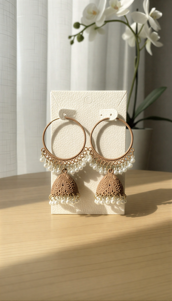 Artisan Noir & Gold Filigree Hoops – Handcrafted Matte Beaded Jhumka Jewelry