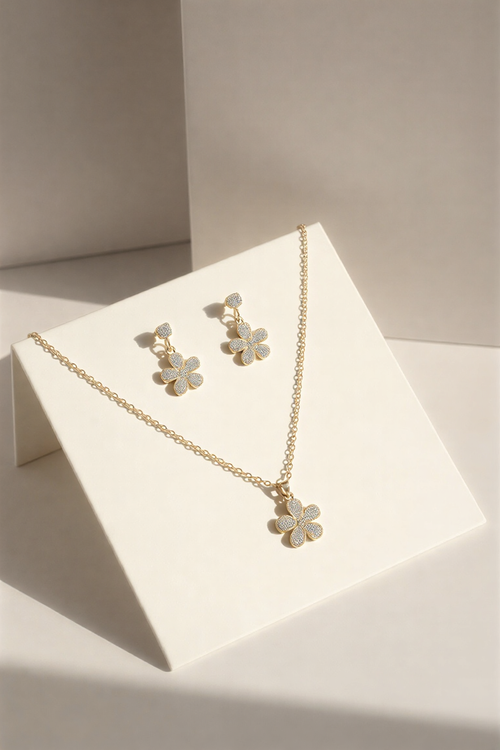 Shimmering Crystal-Pave Floral Suite – Elegant Petal Pendant & Drop Earring Set