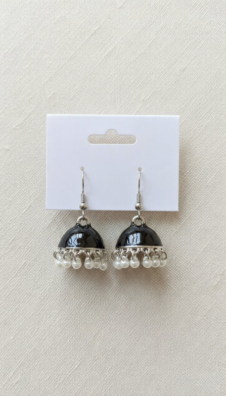 Minimalist Patterned Jhumka Earrings – Sleek Metallic Drop Design.