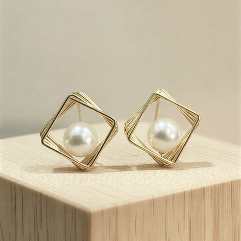 Luxe Geometric Lattice Pearl Studs – Modern Architectural Statement Earrings