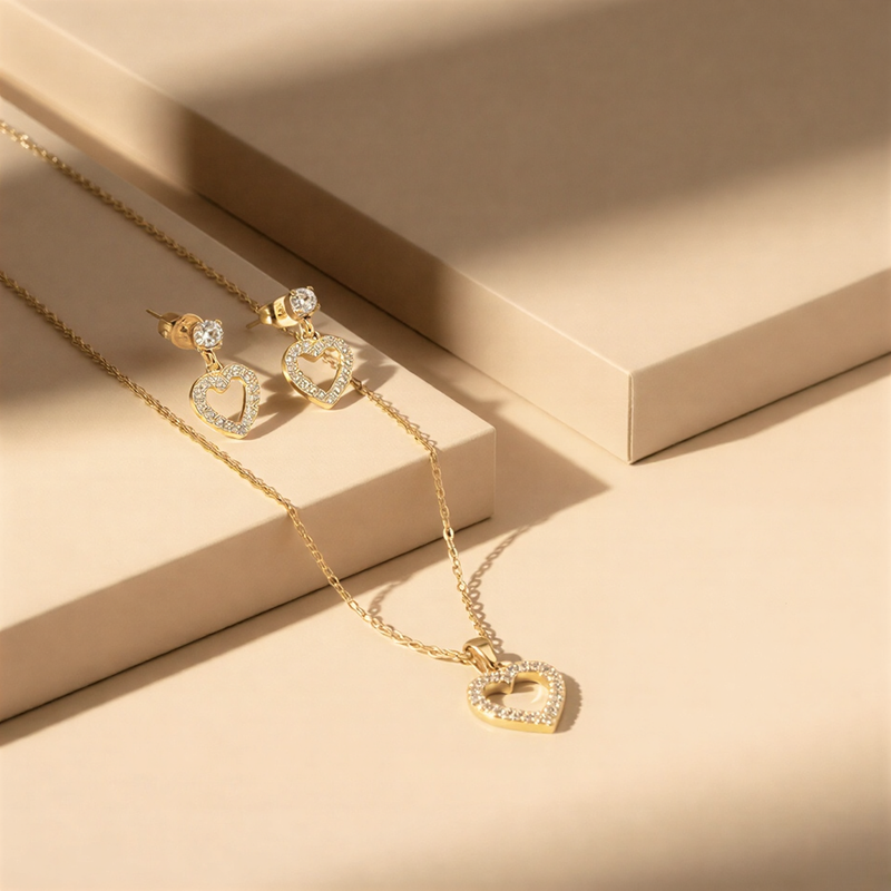 Romantic Crystal Heart Jewelry Suite – Sparkling Pave Necklace & Earring Set