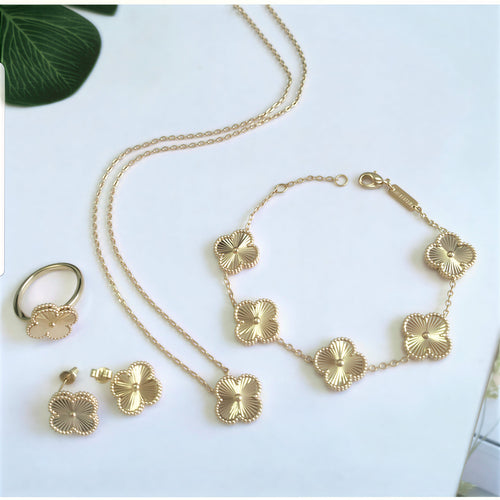 Luxury Gold Guilloché Clover Jewelry Set – 4-Piece Matching Signature Collection