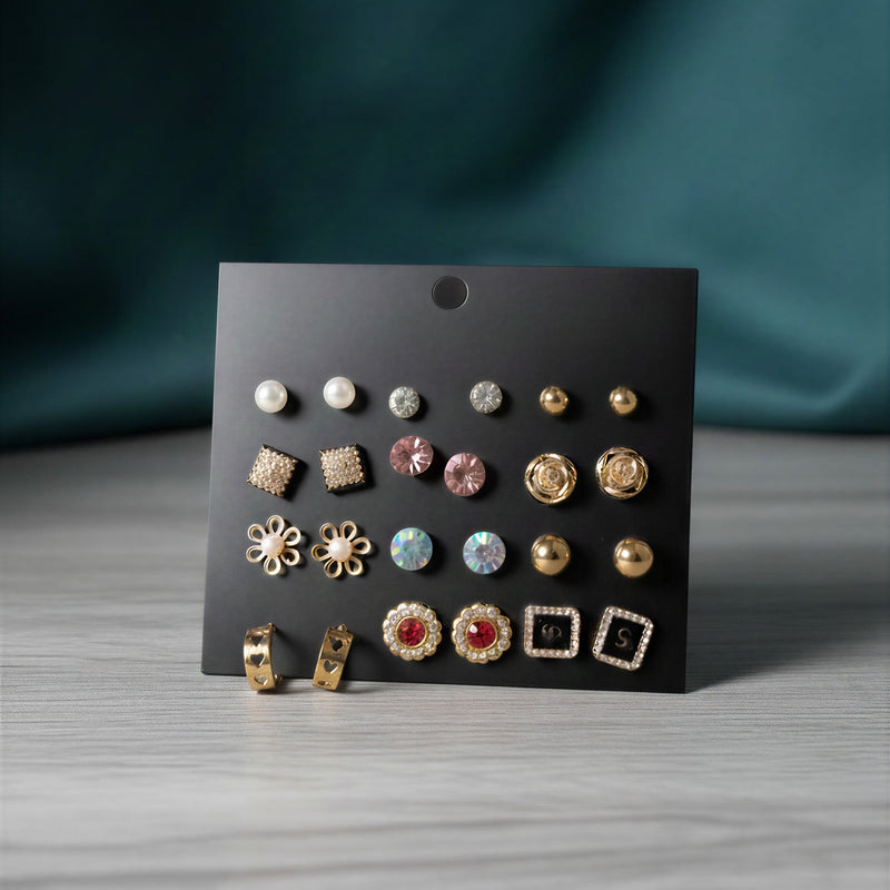 12-Pair Elegant Gdol-Tone Earring Collection – Multi-Design Stud & Hoop Set