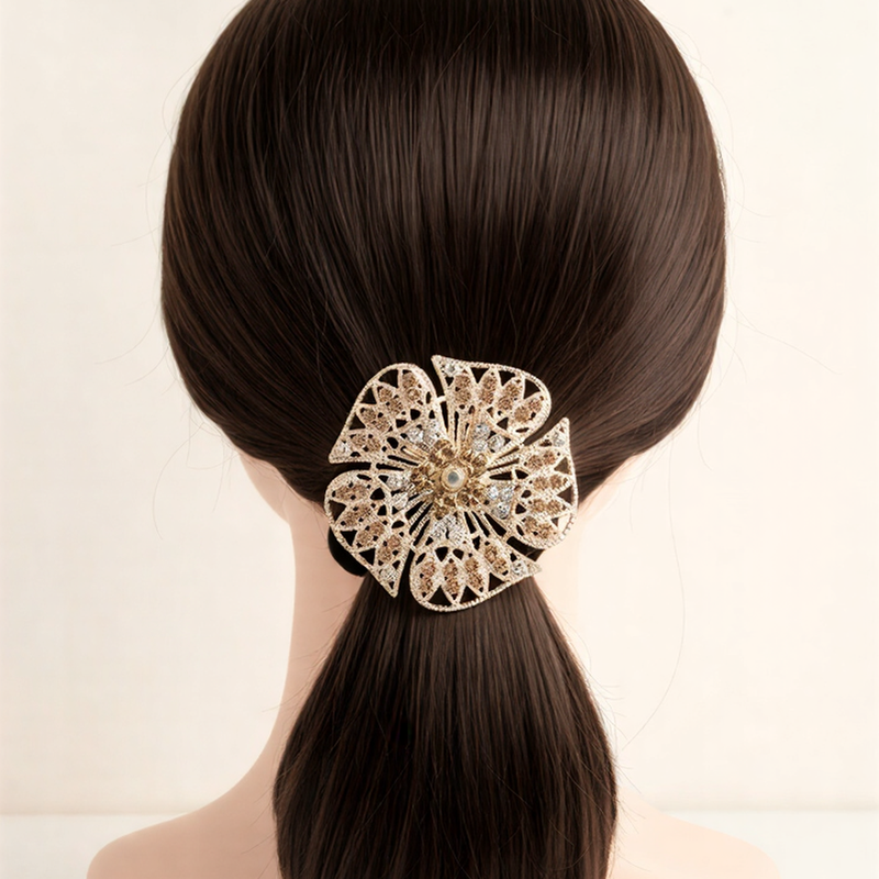 Luxury Floral Pony Holder | Crystal Filigree Elastic Hair Tie .