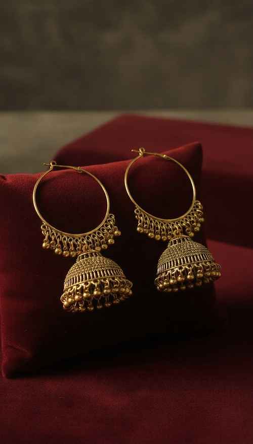Heritage Gold Filigree Jhumka Hoops – Intricate Traditional Beaded Jewelry