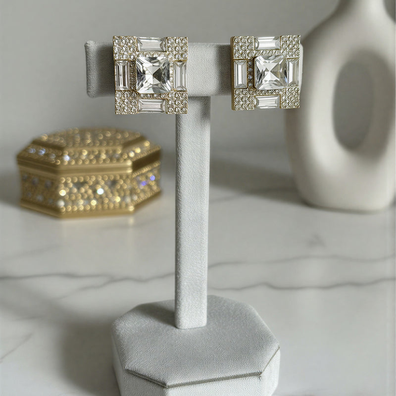 Regal Noir Square Stud Earrings – Onyx-Style Stone & Crystal Halo