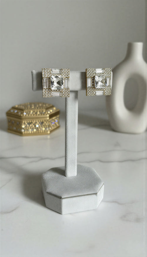 Regal Noir Square Stud Earrings – Onyx-Style Stone & Crystal Halo