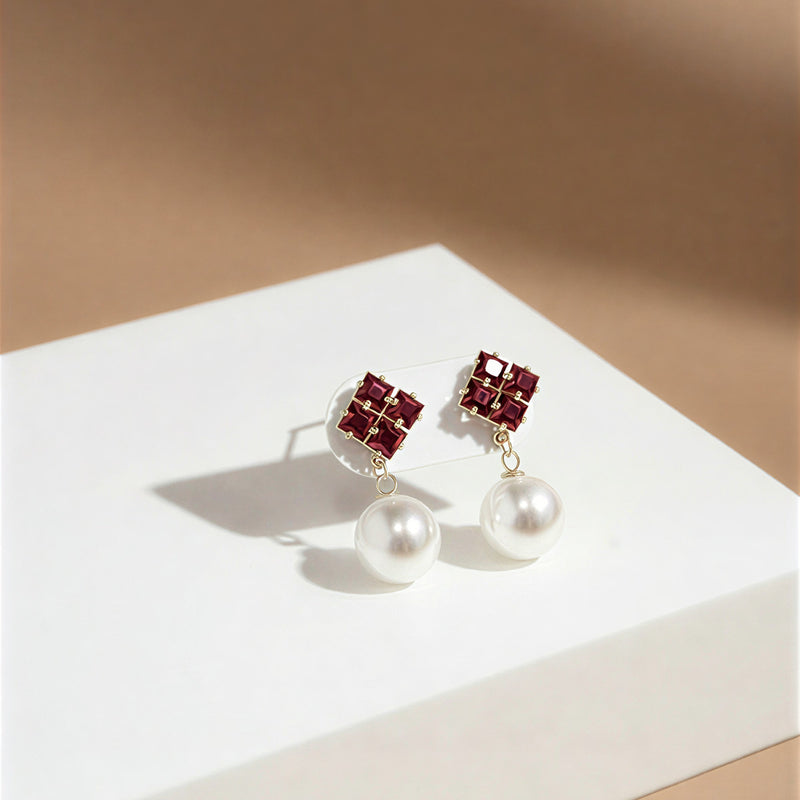 Royal Square-Cut Crystal & Pearl Drop Earrings – Elegant Party Wear