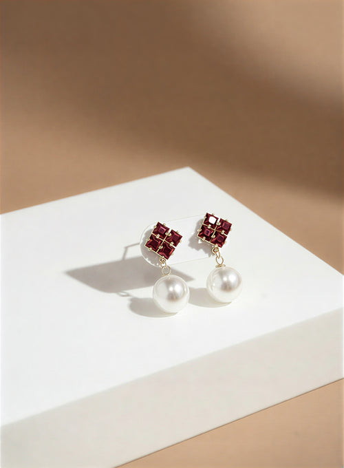Royal Square-Cut Crystal & Pearl Drop Earrings – Elegant Party Wear